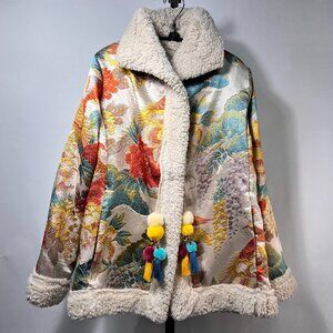 NWT JOHNNY WAS Peony Jacquard Coat with Sherpa Trim and Pomp-pomp Tassels M